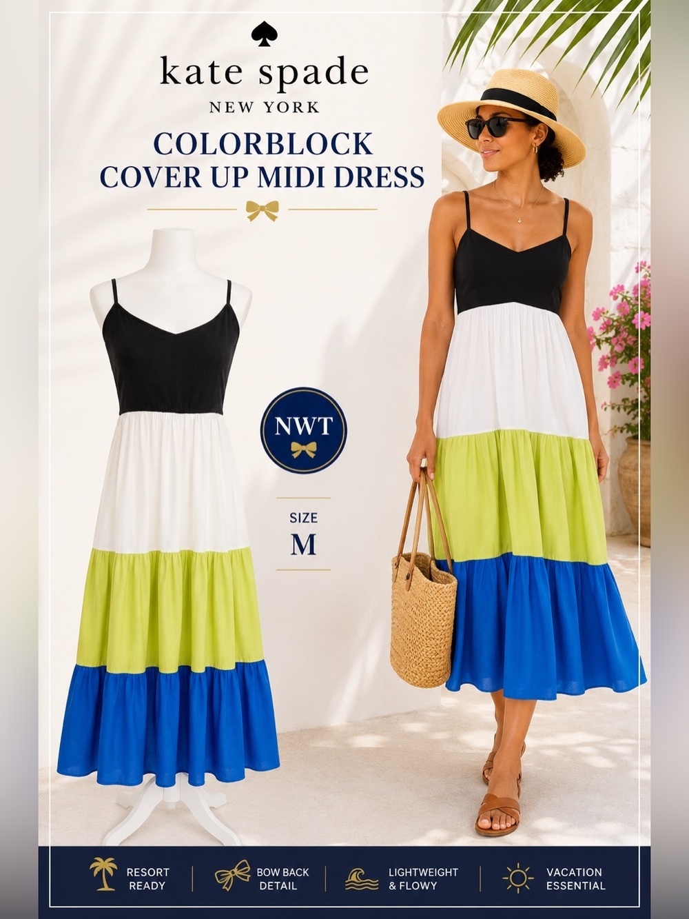 Kate Spade NWT Colorblock Midi Dress M Bow Back Resort Cruise Vacation Summer